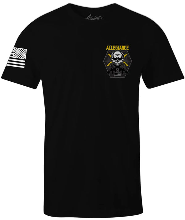 Front of Bolt Tee in black featuring small skull and lightning bolt chest graphic with American flag on the sleeve.