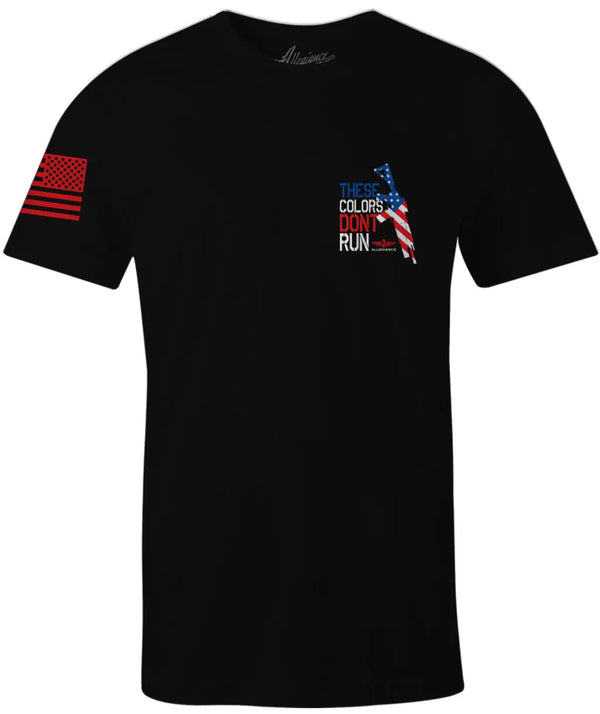 Front view of Allegiance Don’t Run Back Hit Tee in black with small chest logo - Allegiance Clothing