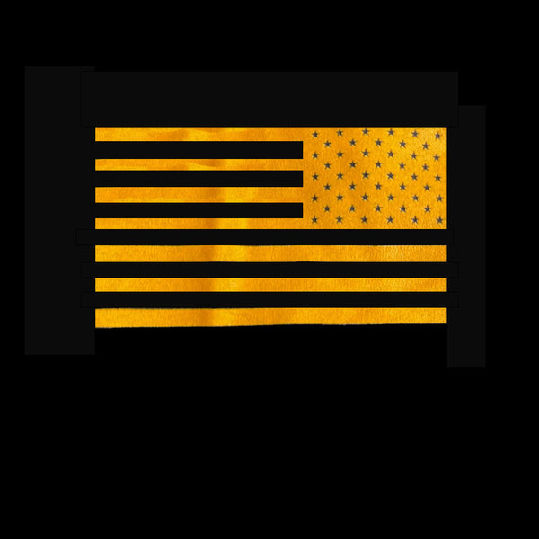 Close-up of assaulting American flag printed on the sleeve of the black Hunter Tee.