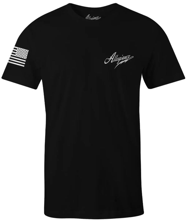 Front of Classic Premium Tee in Black with small chest graphic and American flag sleeve print