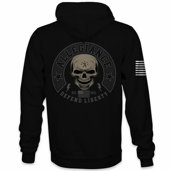 Back view of Allegiance Defender Hoodie with skull crest and Defend Liberty graphic