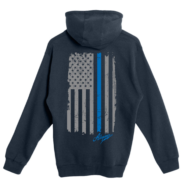 Back of navy Allegiance Back the Blue zip-up hoodie showing a large distressed American flag design with a blue line and Allegiance script.
