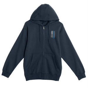 Front of navy Allegiance Back the Blue zip-up hoodie featuring a small distressed black-and-gray American flag with a blue line on the left chest