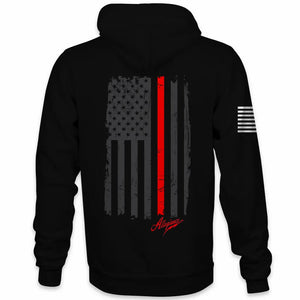 Back view of Allegiance Back the Red Hoodie with distressed flag and thin red line design