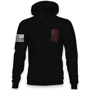 Front view of Allegiance Back the Red Hoodie with small chest flag crest design
