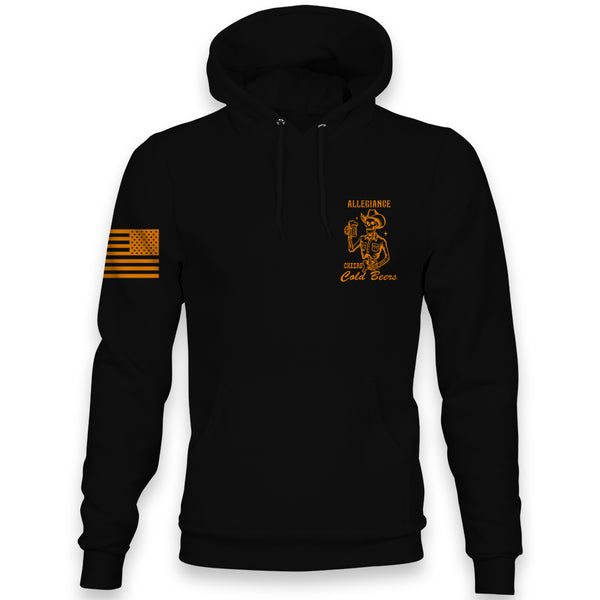 Front view of Allegiance Cold Beer Hoodie with small chest skeleton beer design.