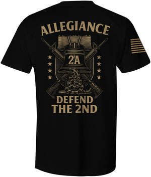 Back of Allegiance Defend Liberty Tee – large design with Liberty Bell, coiled snake, stars, rifles, and “Defend the 2nd” text