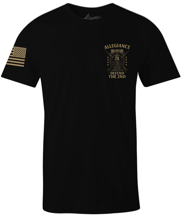 Front of Allegiance Defend Liberty Tee – features small Liberty Bell graphic with 2A and crossed rifles on black shirt