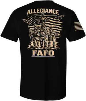 FAFO patriotic military graphic tee with armed operators, American flag background, helicopter and jets.