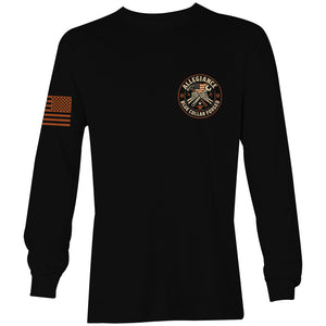 Front view of Allegiance Forged Long Sleeve Tee with circular Blue Collar Forged logo and bronze American flag on sleeve