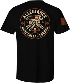 Back view of Allegiance Blue Collar Forged Tee with wrench and hammer design