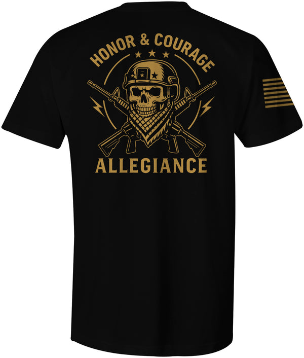 Allegiance Honor & Courage Tee back view with large Honor & Courage graphic, tactical skull, crossed rifles, and stars.