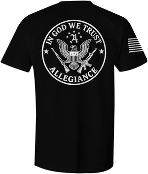 Large patriotic eagle seal with rifles and the words 'In God We Trust Allegiance' printed on the back of a black tee