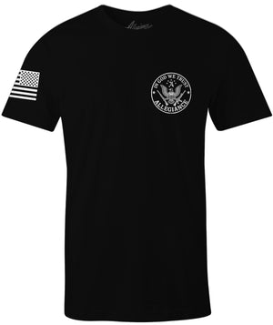Black t-shirt with small chest print reading 'In God We Trust Allegiance' and American flag on right sleeve