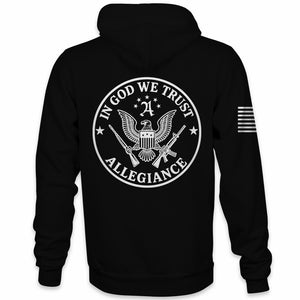 Back view of Allegiance In God We Trust Hoodie with eagle seal and rifles graphic.