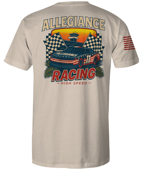 Back view of Allegiance Racing Premium Tee featuring patriotic stock car and checkered flag design with text “Allegiance Racing High Speed”