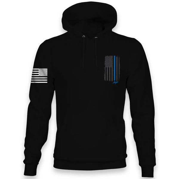 Front view of Allegiance Back the Blue Hoodie with small chest flag crest design