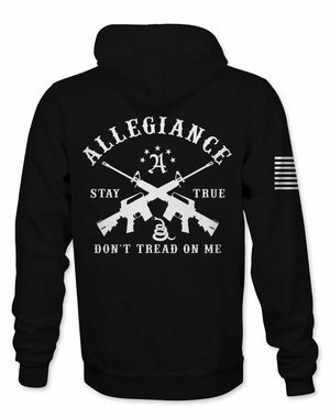 Back view of Allegiance Don’t Tread Back Hit Hoodie with crossed rifles and snake design