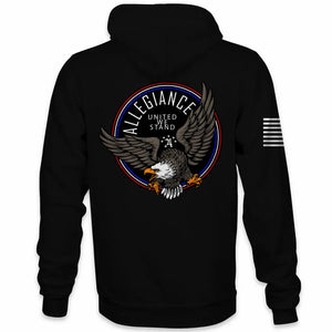 Back view of Allegiance Navigator Hoodie with bald eagle and United We Stand graphic